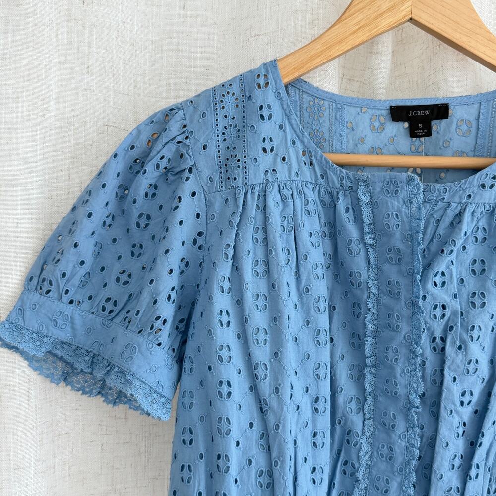 J. Crew Blouse Womens Small Blue Eyelet Cottagecore Coquette Romantic Milkmaid - Picture 2 of 9